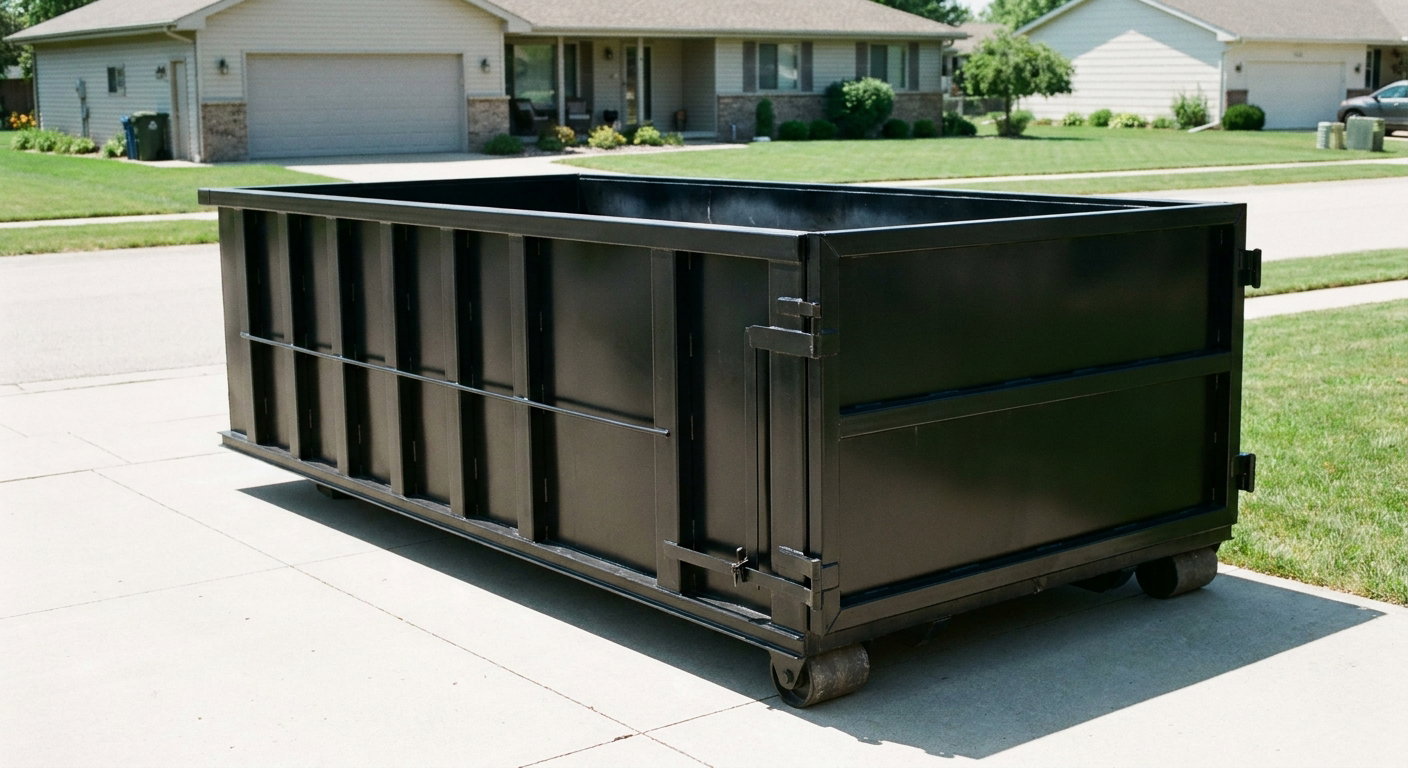 Matte-black 10-yard roll-off dumpster on a residential concrete driveway in Vista, uniformly painted matte black across every panel and rail, ribbed steel sidewalls and rear swing door visible, mid-day daylight.