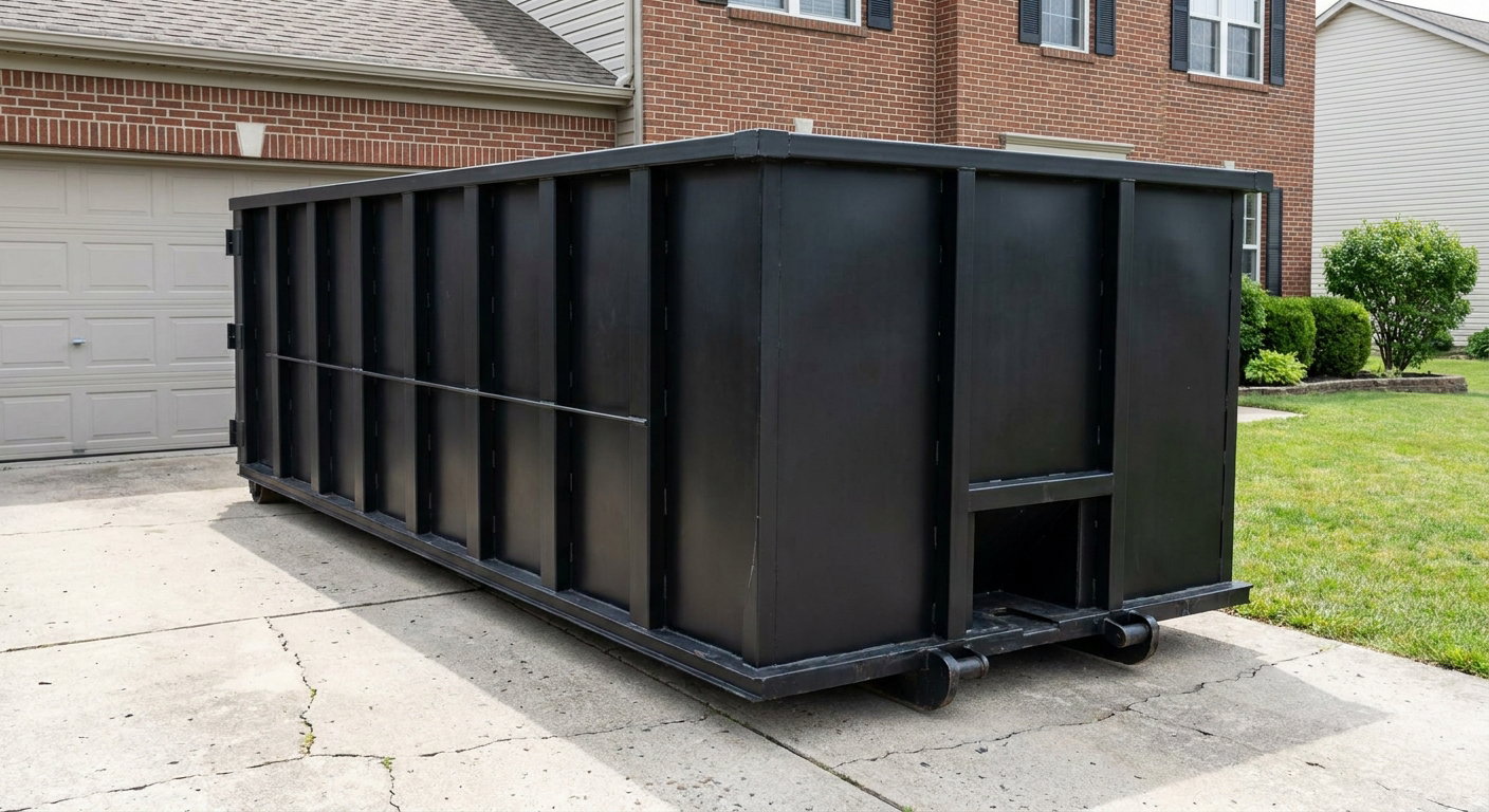 Matte-black 20-yard roll-off container on a Vista residential concrete driveway with reinforced ribbed steel sidewalls and a hinged rear walk-in door, clean bright daylight.