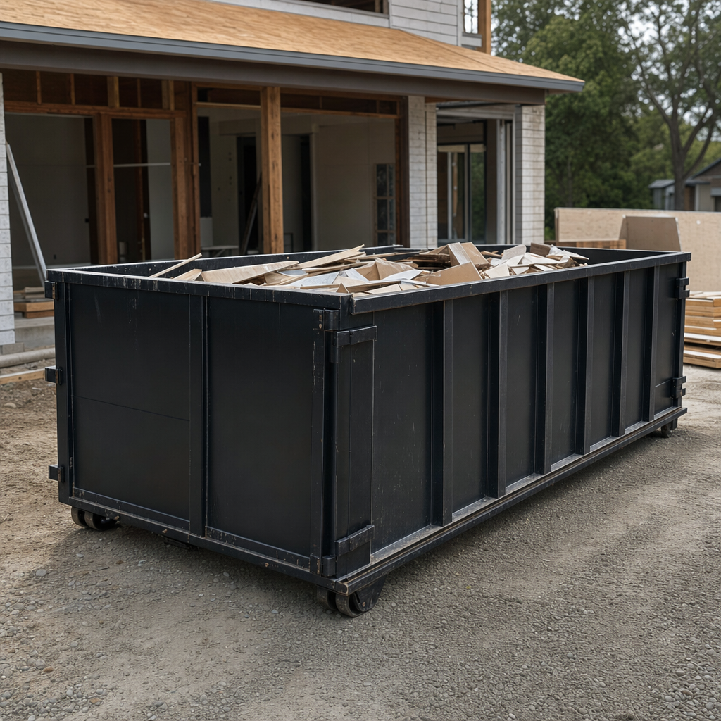 Large matte-black 30-yard construction roll-off dumpster at an active Vista jobsite, steel-gray top rails and bottom rollers visible, loaded with construction debris.