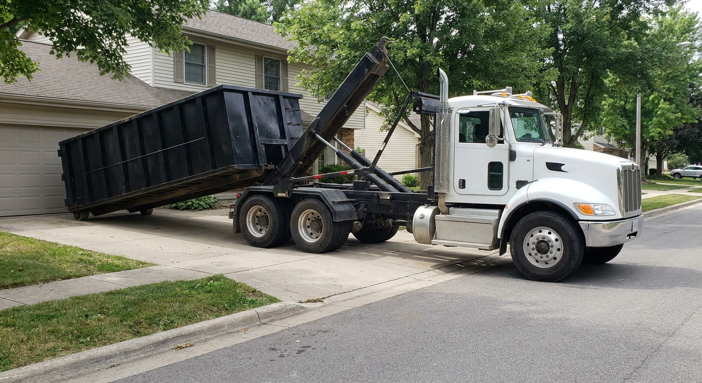 White-cab hooklift roll-off truck actively lowering a matte-black dumpster onto a Vista residential concrete driveway, the dumpster's rear wheels touching the driveway as the hoist arm tilts the bed forward, mid-morning daylight.