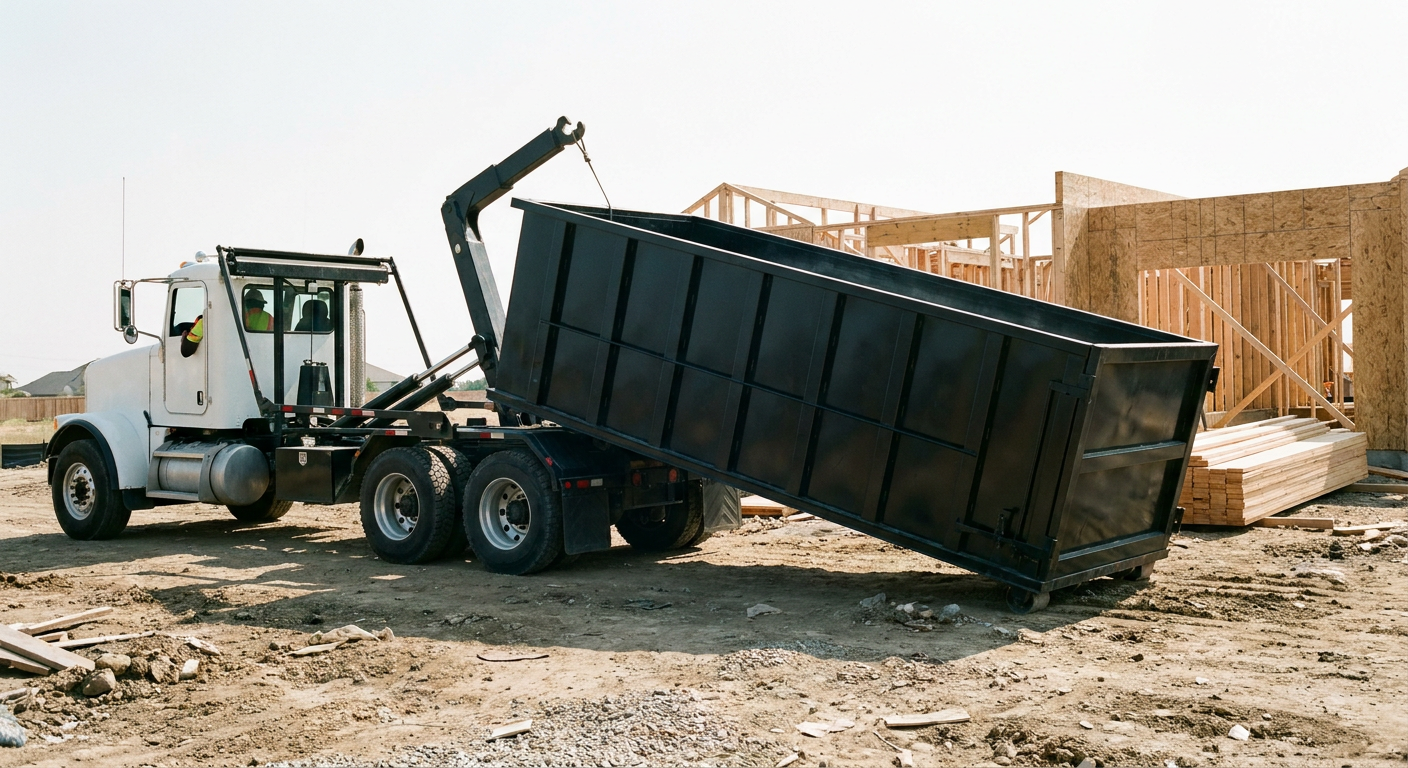 Matte-black roll-off dumpster being delivered onto a clean residential concrete driveway in Vista by an unmarked white hooklift hauler truck, bright morning daylight, documentary 35mm perspective.